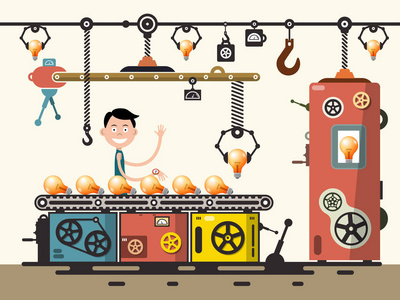 工業(yè)輪胎配件設(shè)備輸送機平面卡通矢量插圖中的人物性格工作工廠輸送機